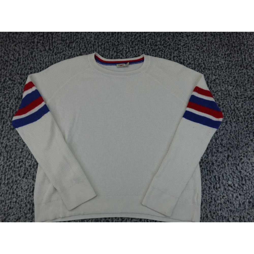 Faherty Waffle Knit Sweater Mens Medium Cream Good Cashmere Blend Striped Sleeve